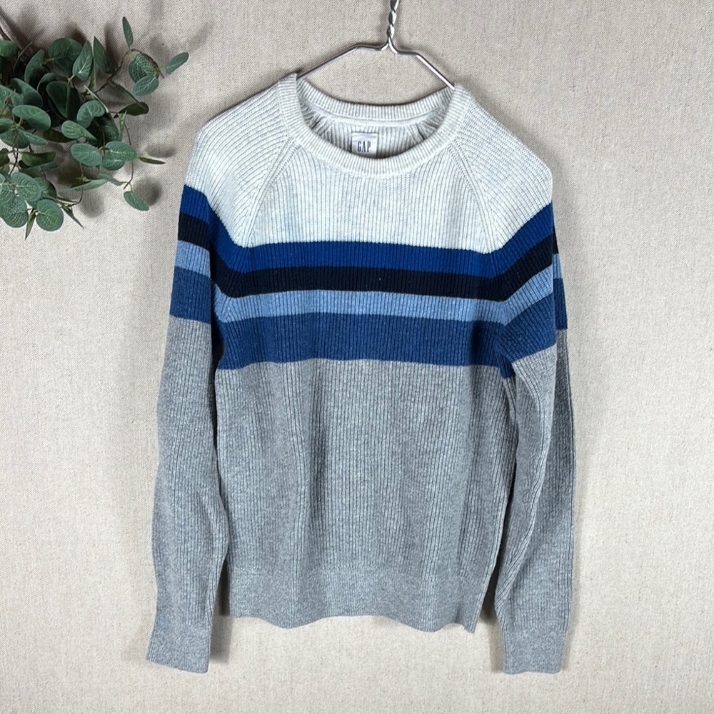 GAP > Blue and Gray Striped Crew Neck Sweater Medium